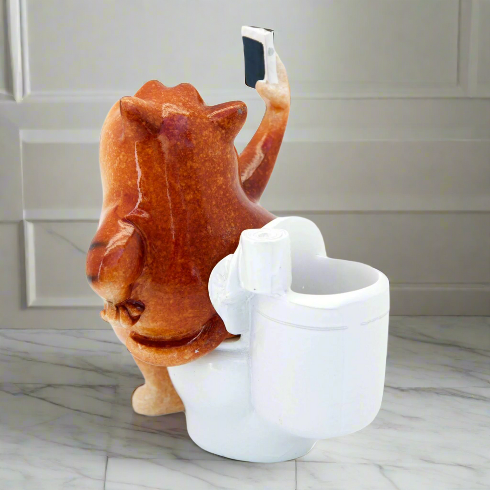 Ginger Fat Cat Taking Selfie on Toilet Ceramic Ornament Pen Holder