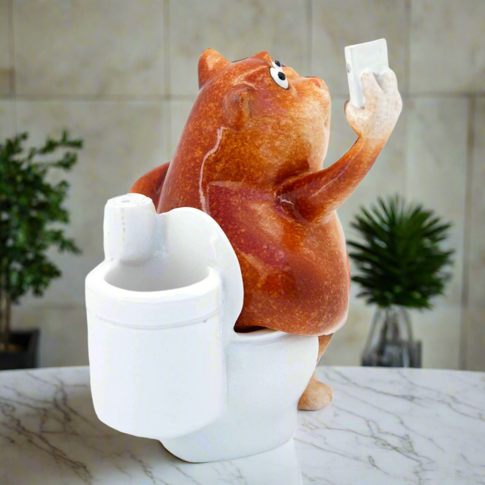 Ginger Fat Cat Taking Selfie on Toilet Ceramic Ornament Pen Holder