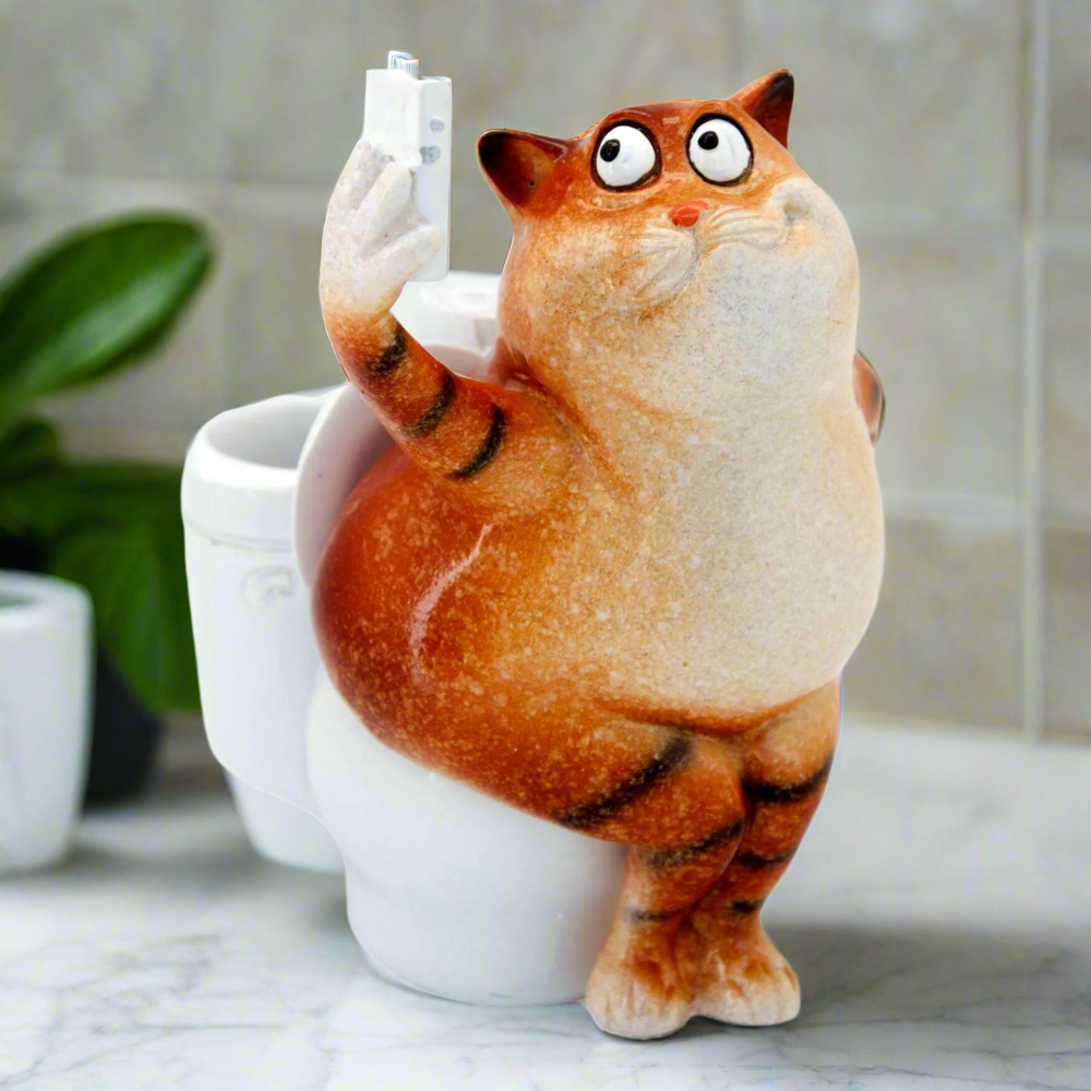 Ginger Fat Cat Taking Selfie on Toilet Ceramic Ornament Pen Holder