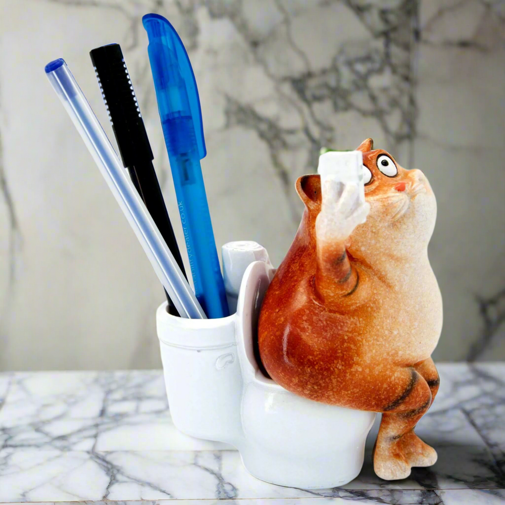 Ginger Fat Cat Taking Selfie on Toilet Ceramic Ornament Pen Holder