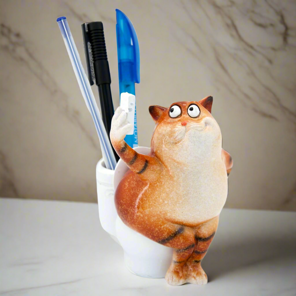 Ginger Fat Cat Taking Selfie on Toilet Ceramic Ornament Pen Holder