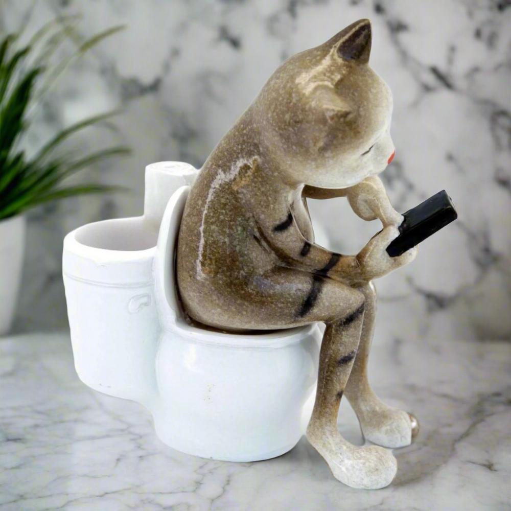 Brown Cat Texting on Toilet Ceramic Ornament Pen Holder