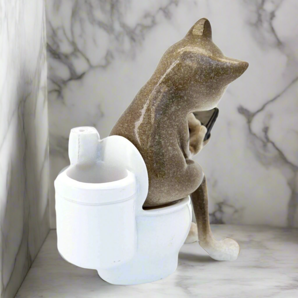 Brown Cat Texting on Toilet Ceramic Ornament Pen Holder