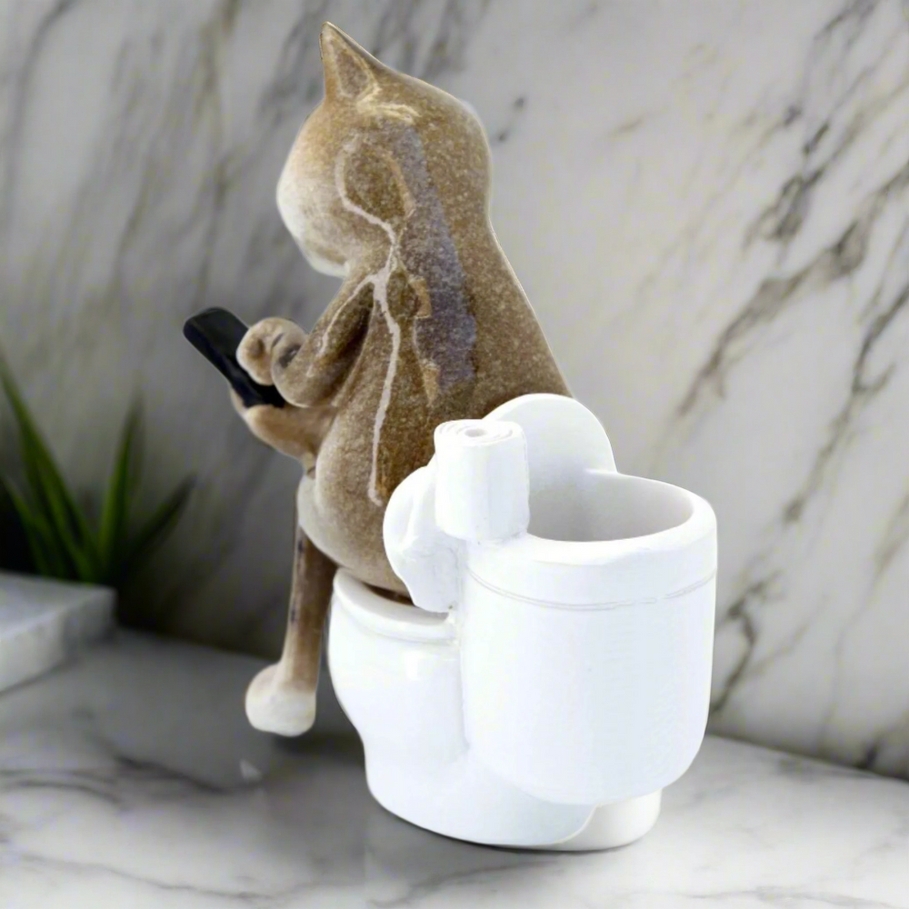 Brown Cat Texting on Toilet Ceramic Ornament Pen Holder