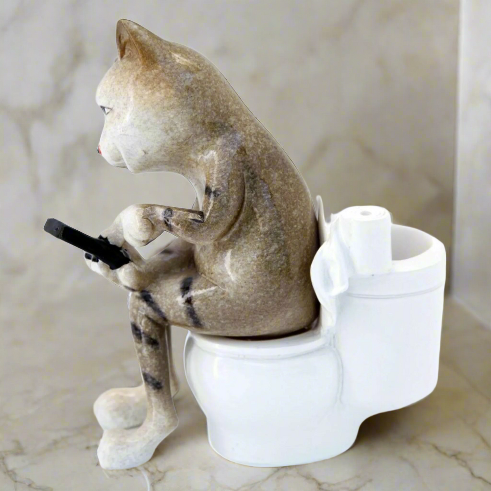 Brown Cat Texting on Toilet Ceramic Ornament Pen Holder