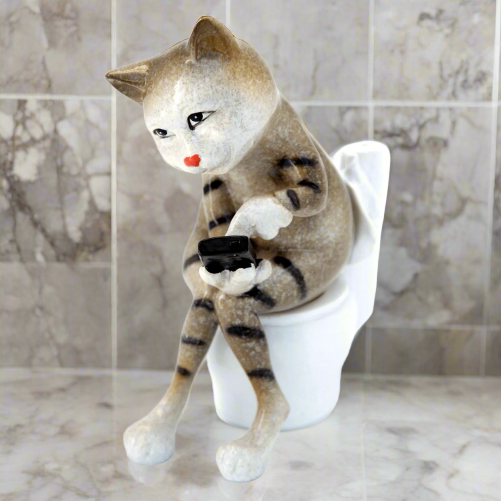 Brown Cat Texting on Toilet Ceramic Ornament Pen Holder