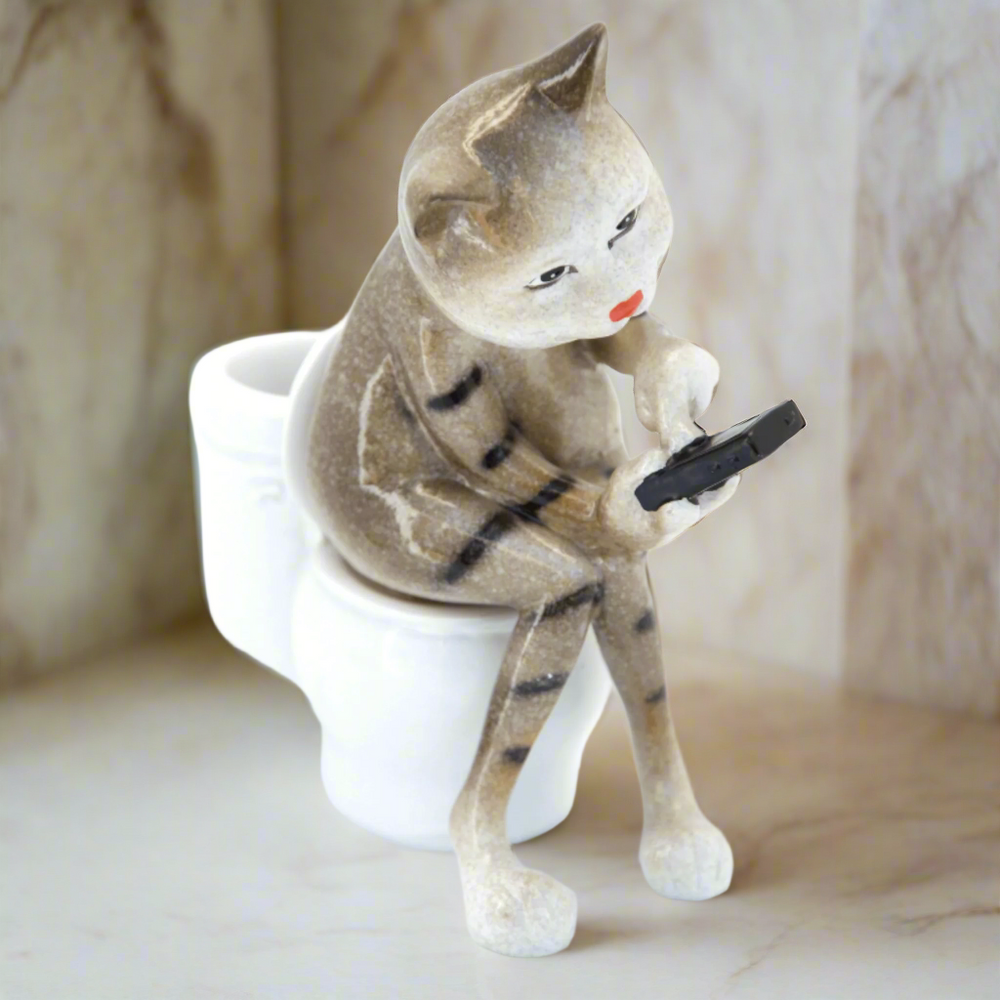 Brown Cat Texting on Toilet Ceramic Ornament Pen Holder