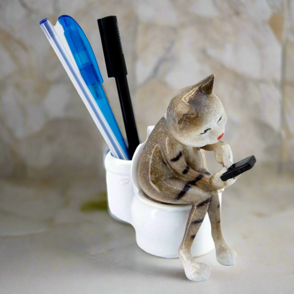 Brown Cat Texting on Toilet Ceramic Ornament Pen Holder