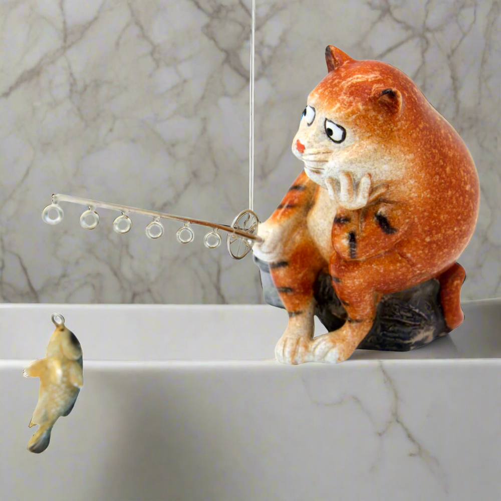 Ginger Fat Cat Waiting for Fish Ceramic Ornament