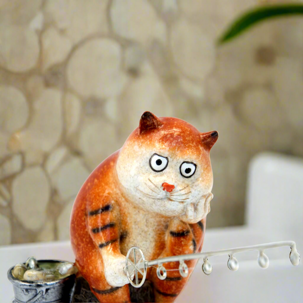 Ginger Fat Cat Waiting for Fish Ceramic Ornament