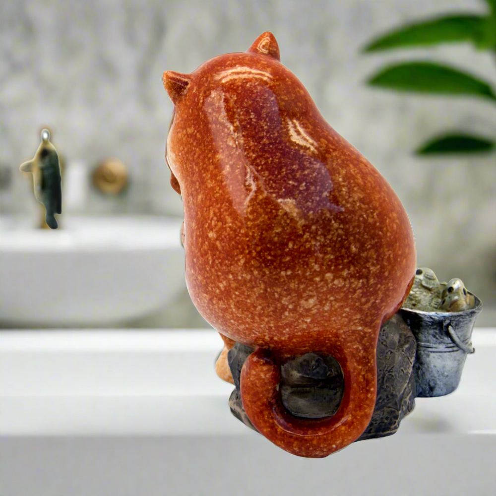 Ginger Fat Cat Waiting for Fish Ceramic Ornament