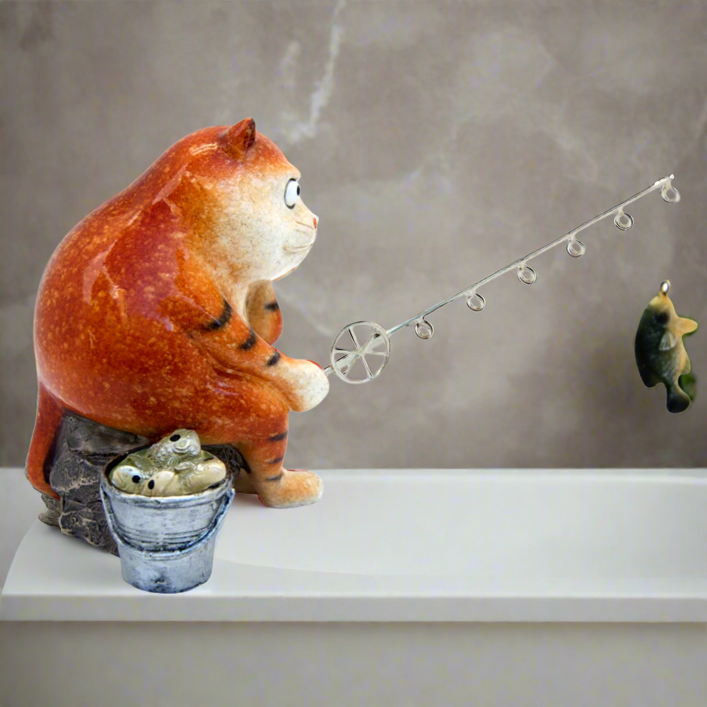 Ginger Fat Cat Waiting for Fish Ceramic Ornament