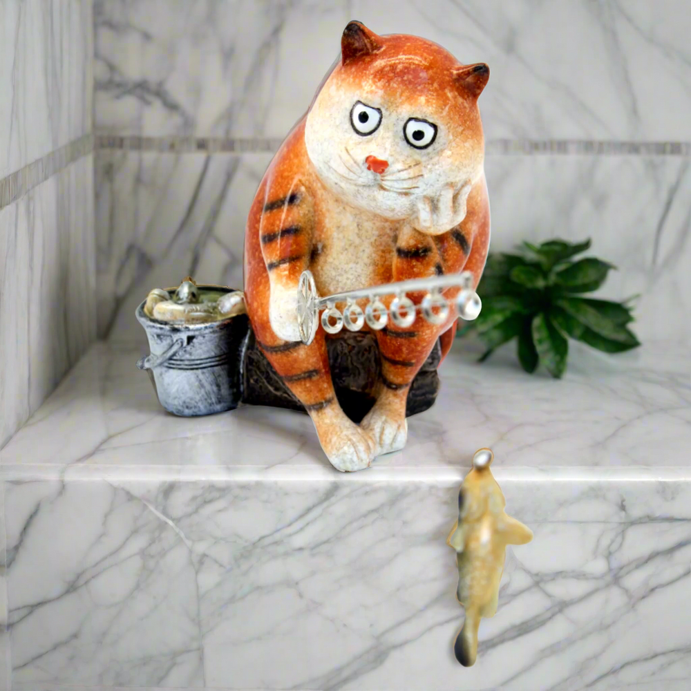 Ginger Fat Cat Waiting for Fish Ceramic Ornament