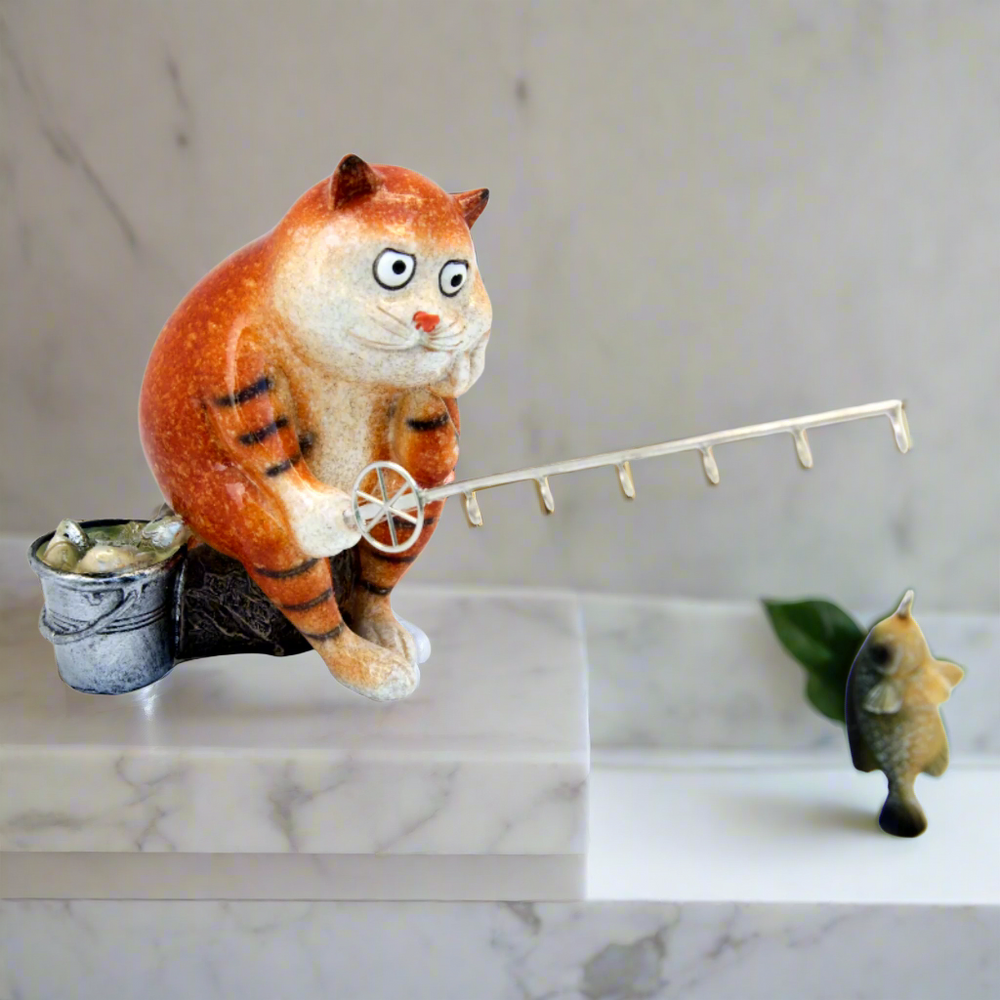 Ginger Fat Cat Waiting for Fish Ceramic Ornament