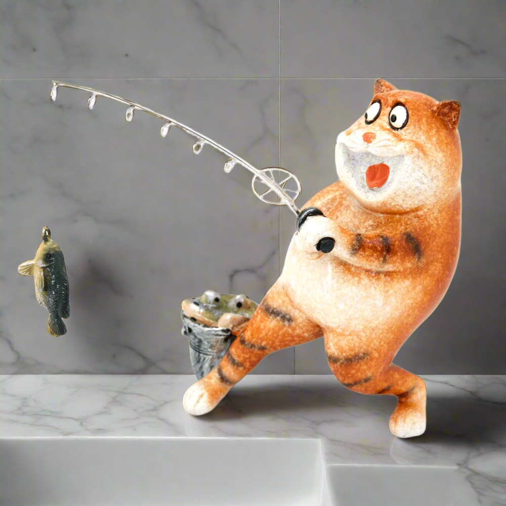 Ginger Fat Cat Caught the Fish Ceramic Ornament