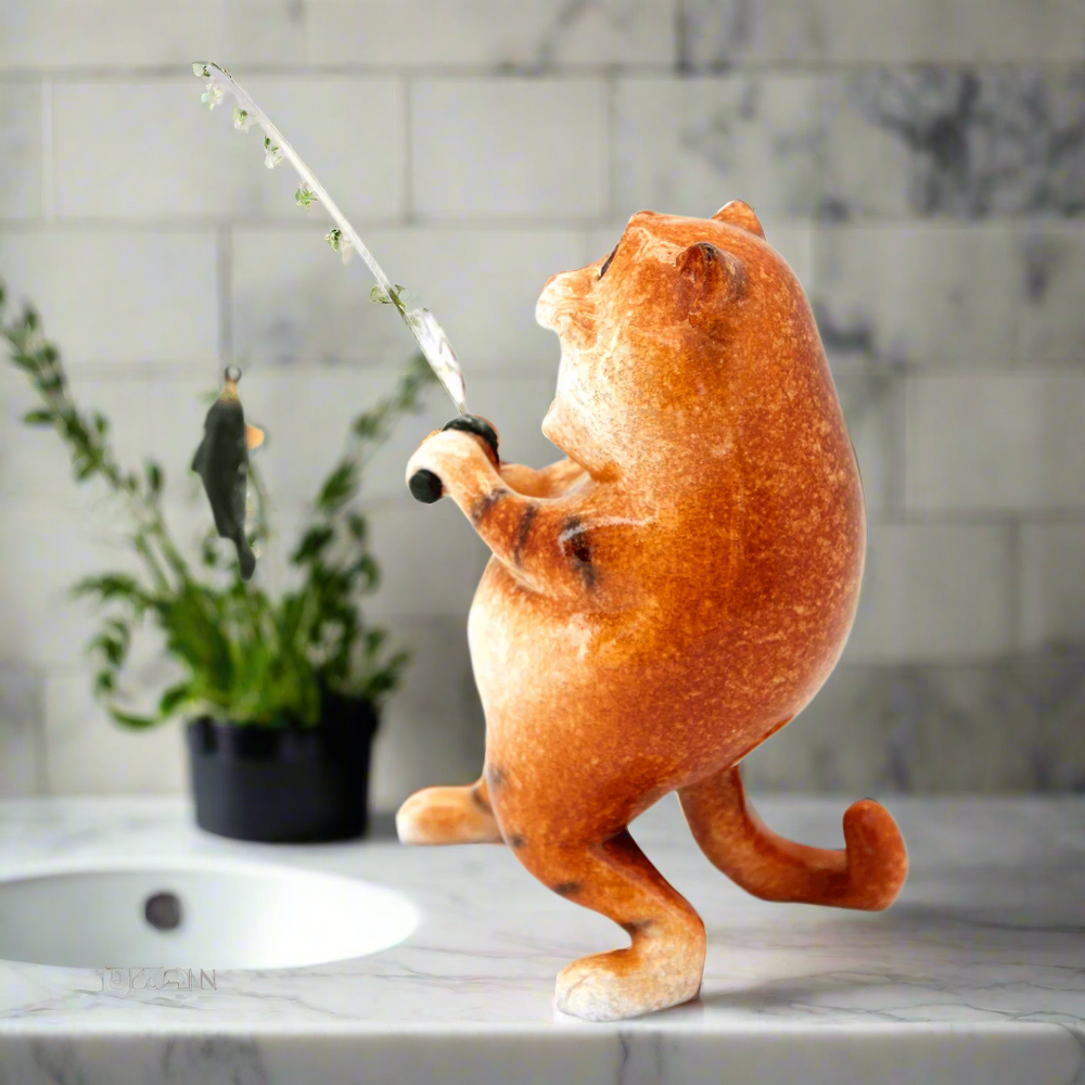 Ginger Fat Cat Caught the Fish Ceramic Ornament