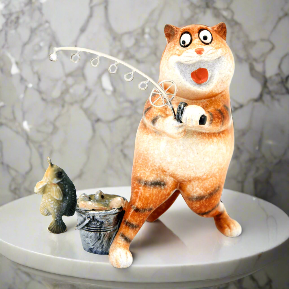 Ginger Fat Cat Caught the Fish Ceramic Ornament