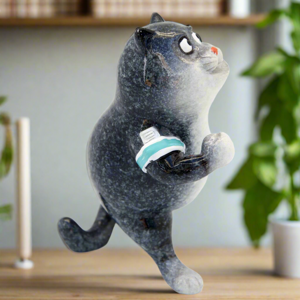 Grey Fat Cat Running Ceramic Ornament