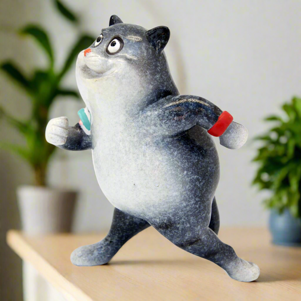 Grey Fat Cat Running Ceramic Ornament