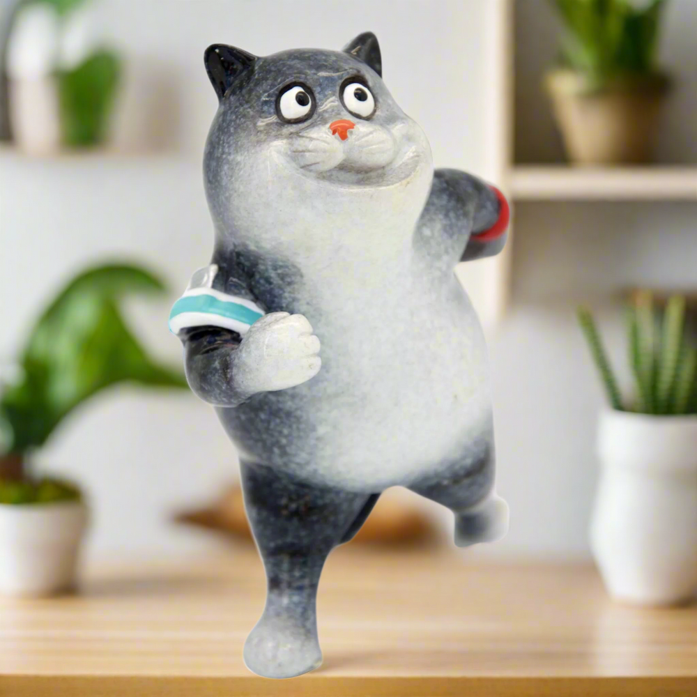 Grey Fat Cat Running Ceramic Ornament