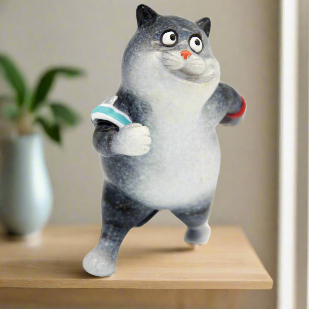 Grey Fat Cat Running Ceramic Ornament