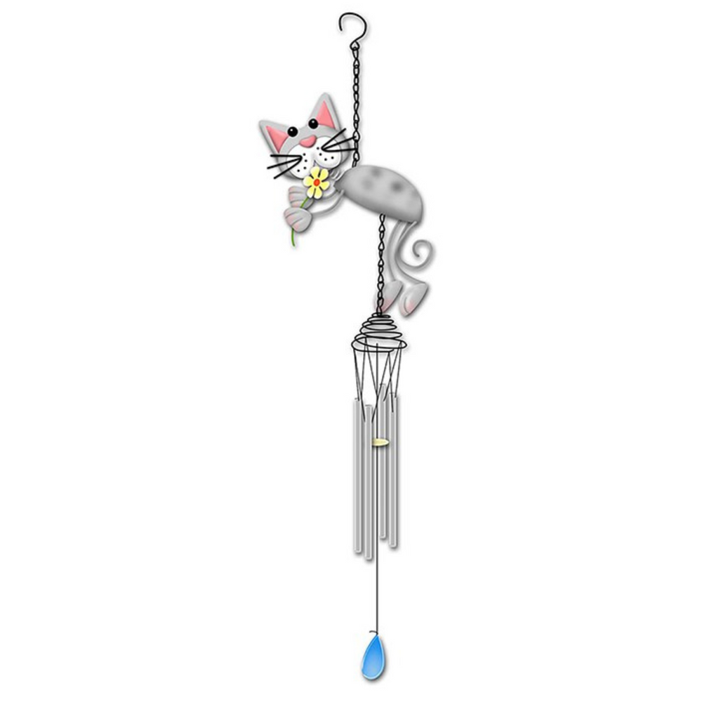 Grey Cat Holding Flower Steel Wind Chime Hanging Decoration