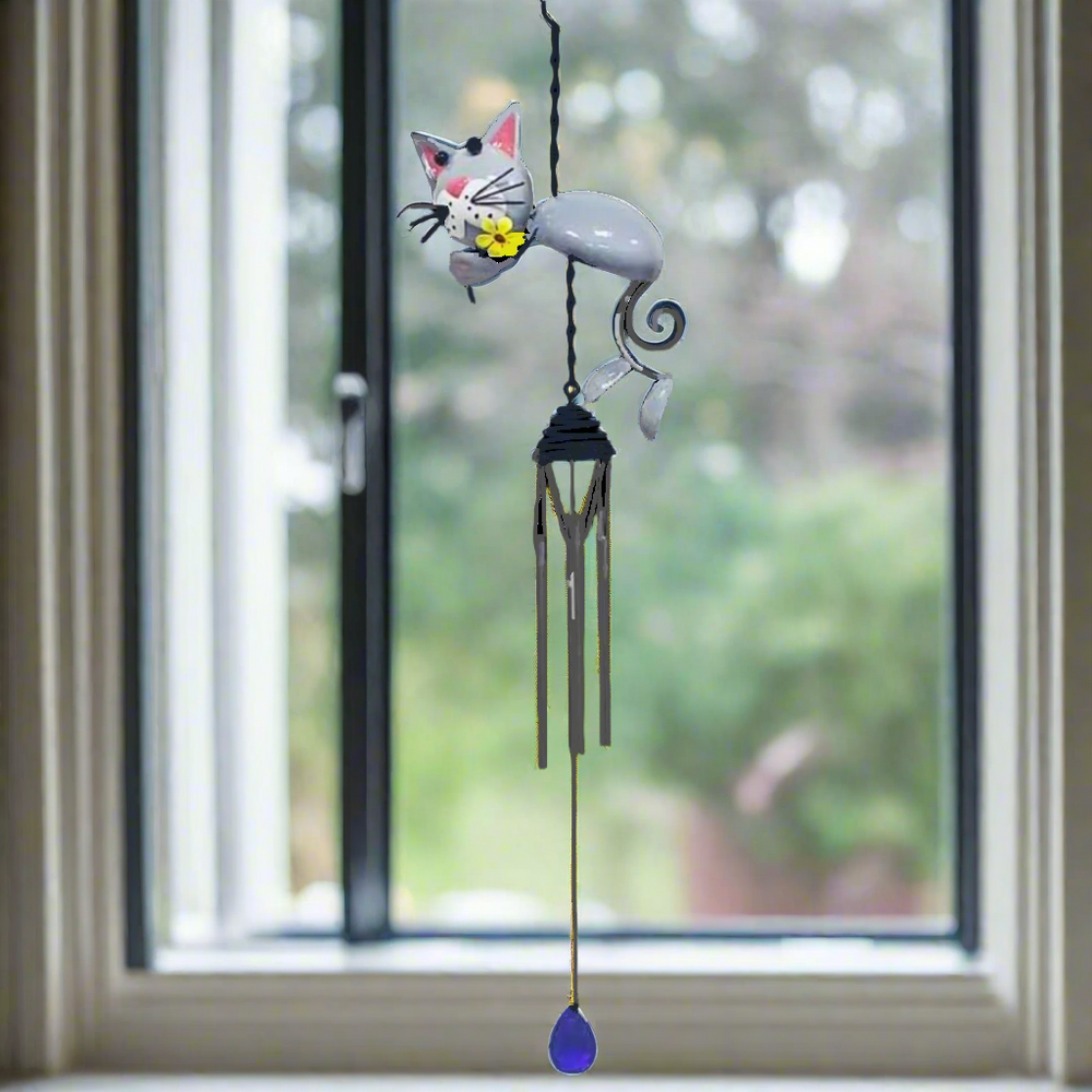 Grey Cat Holding Flower Steel Wind Chime Hanging Decoration