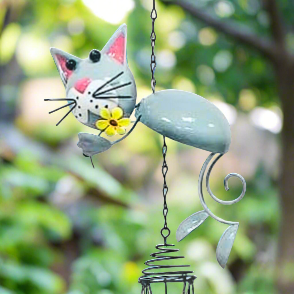 Grey Cat Holding Flower Steel Wind Chime Hanging Decoration