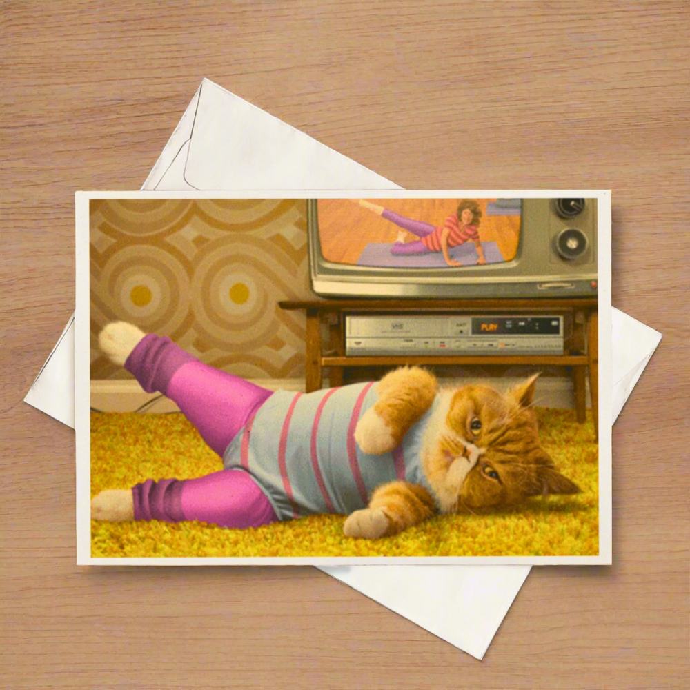 Feline Fit Funny 80's Cat Fitness Greeting Card