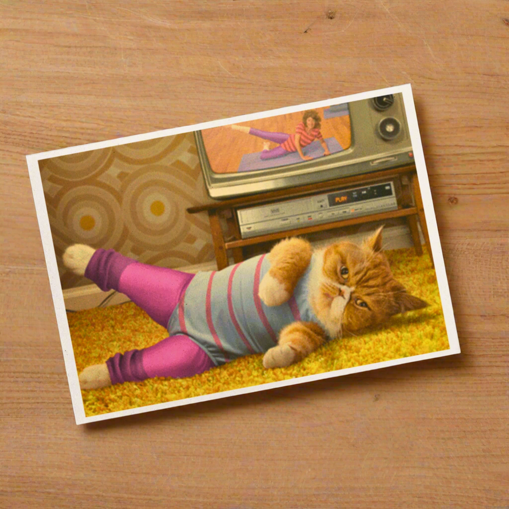 Feline Fit Funny 80's Cat Fitness Greeting Card