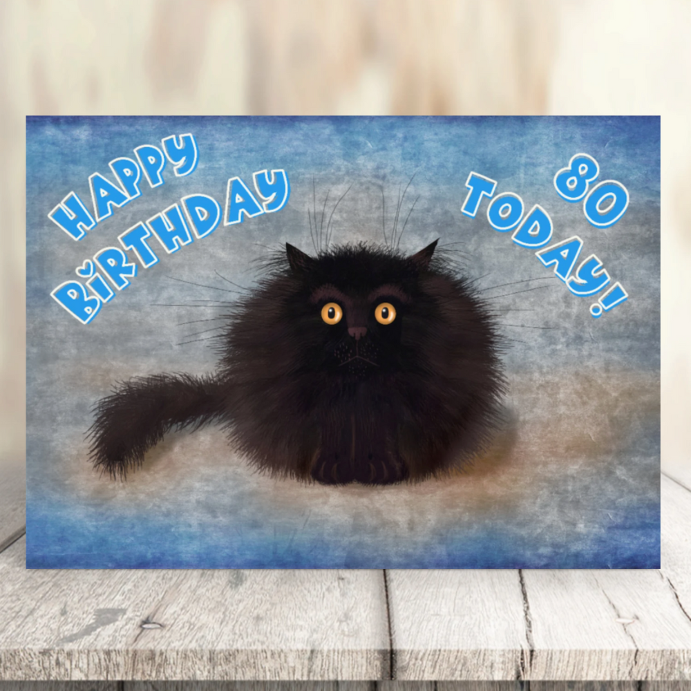 OREO - Cute Black Cat Greeting 80th Birthday Card