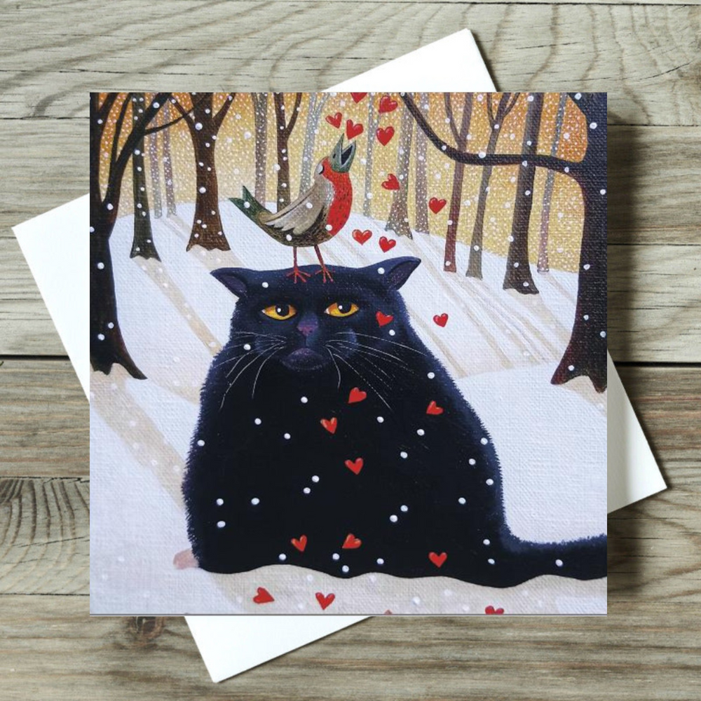 'Black Cat in Snow' Funny Christmas Cat Greeting Card by Vicky Mount