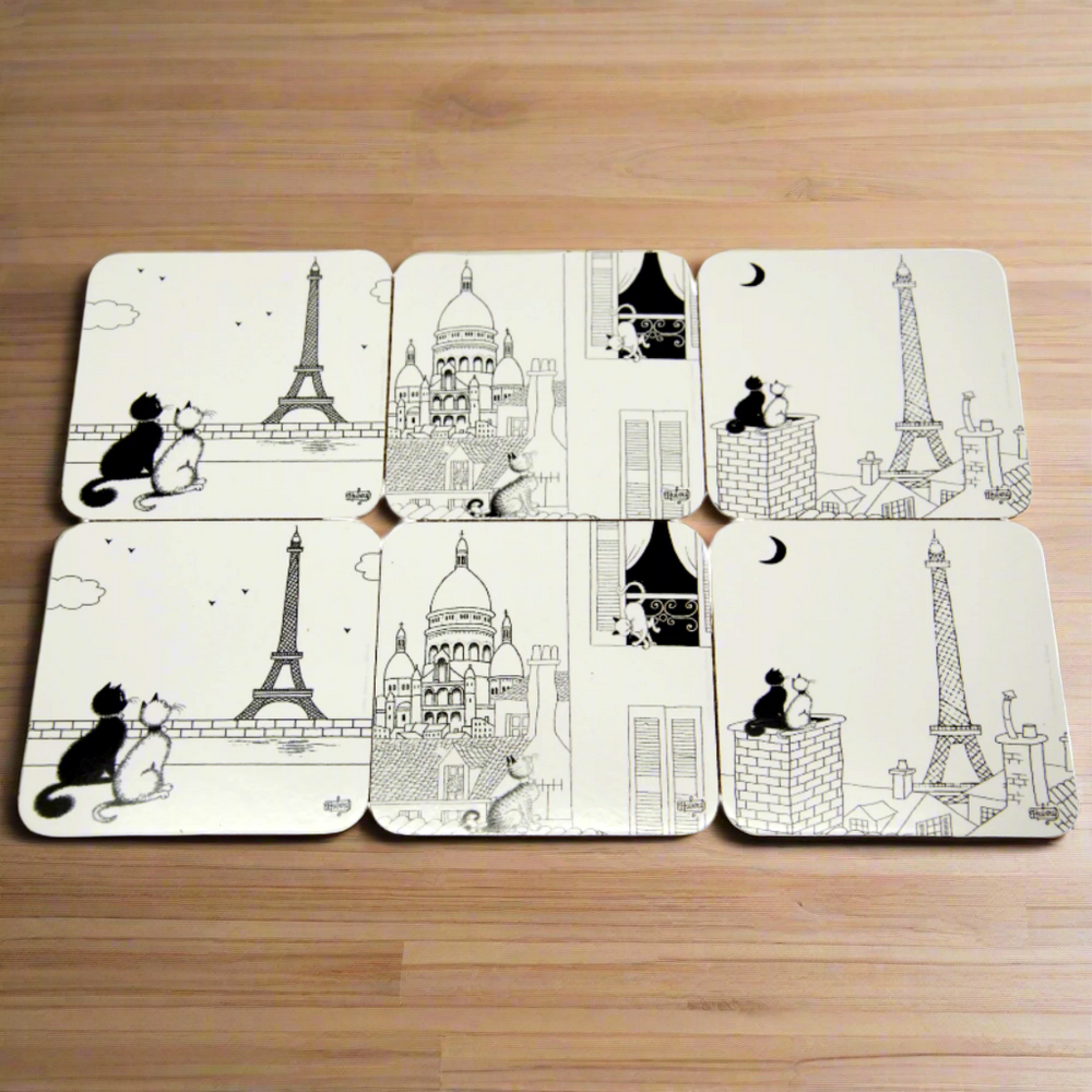 Dubout Cats - Set of 6 Black & White Cat Coasters