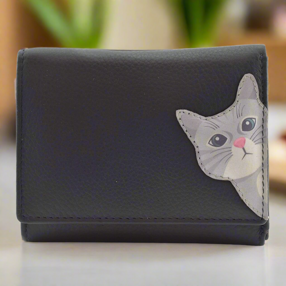 Mala Leather Cleo the Cat Small Tri Fold Cat Purse Navy