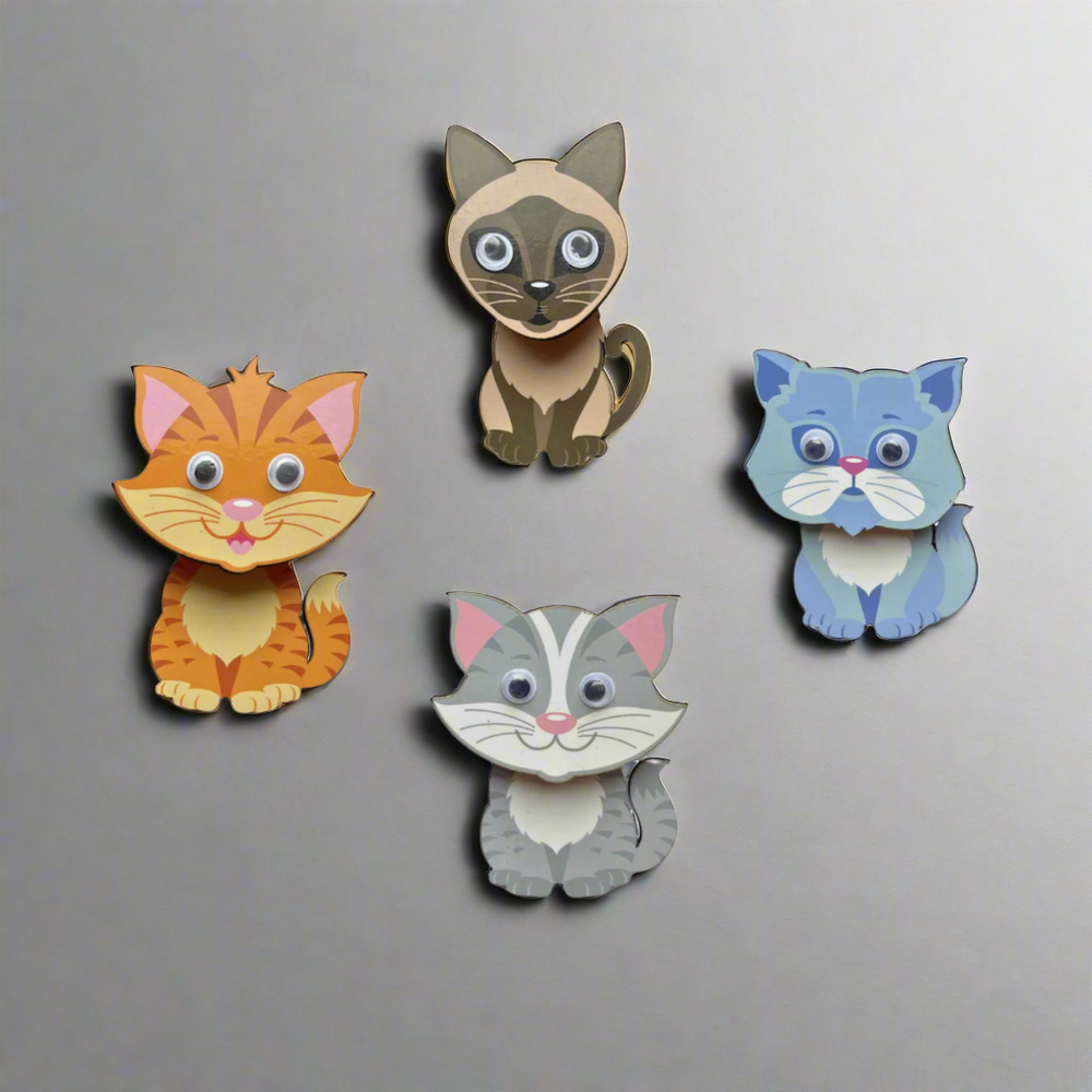 4 Piece Fun Colourful Cats Googly Eyes Wooden Magnetic Pegs Set