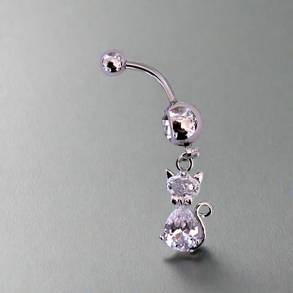 Cat Shaped Diamante Belly Bar