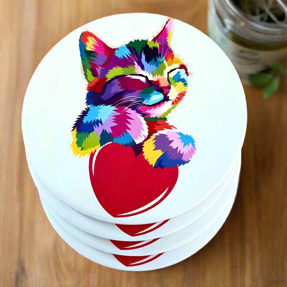 Ceramic Round Rainbow Kitten and Heart Cat Coasters