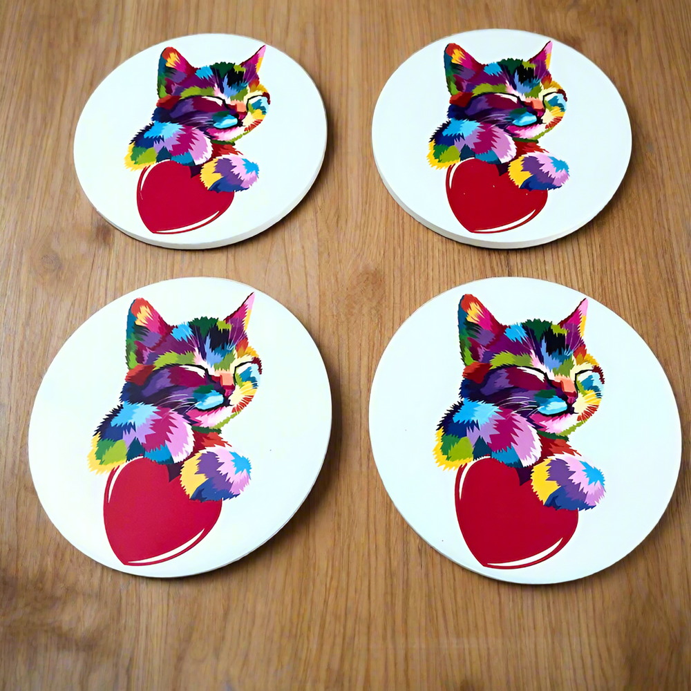 Ceramic Round Rainbow Kitten and Heart Cat Coasters