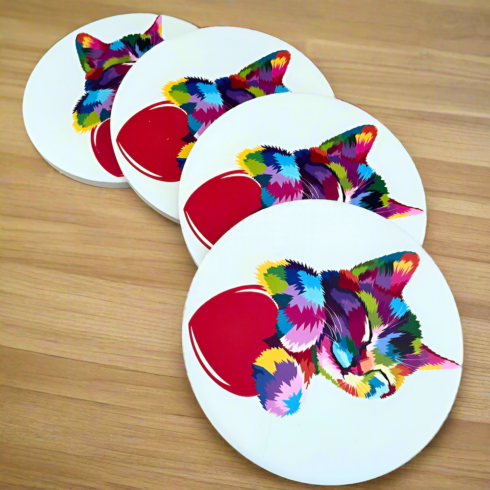 Ceramic Round Rainbow Kitten and Heart Cat Coasters