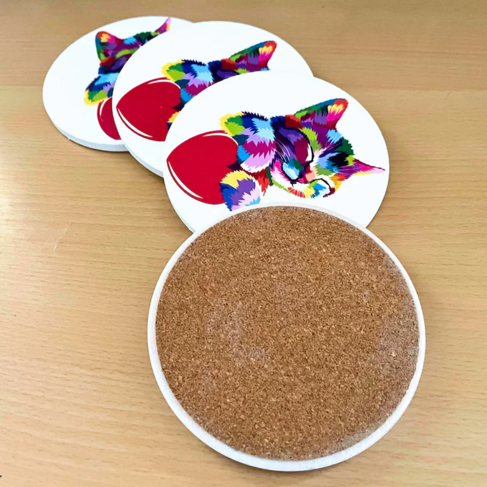 Ceramic Round Rainbow Kitten and Heart Cat Coasters