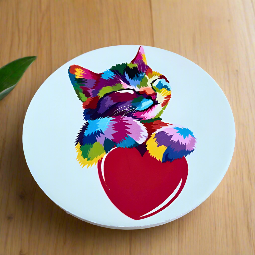 Ceramic Round Rainbow Kitten and Heart Cat Coasters