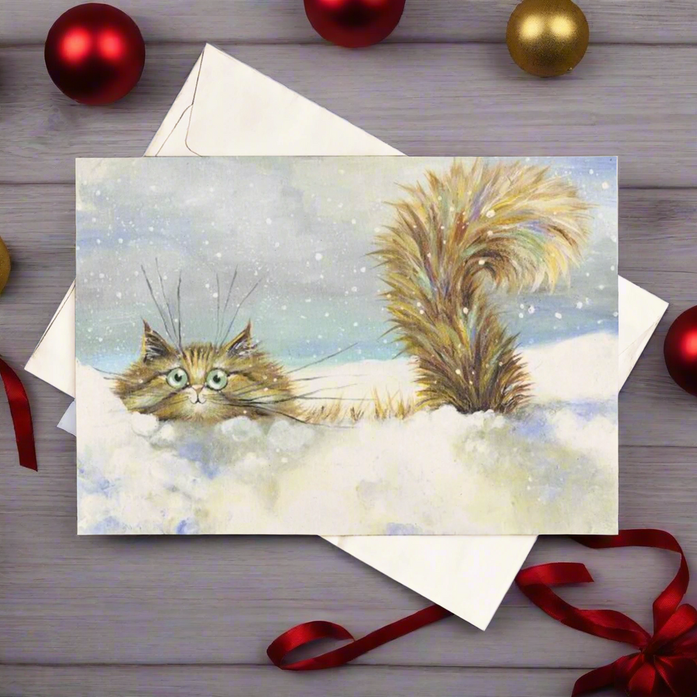 'In a Flurry' Cat Greeting Christmas Card by Kim Haskins