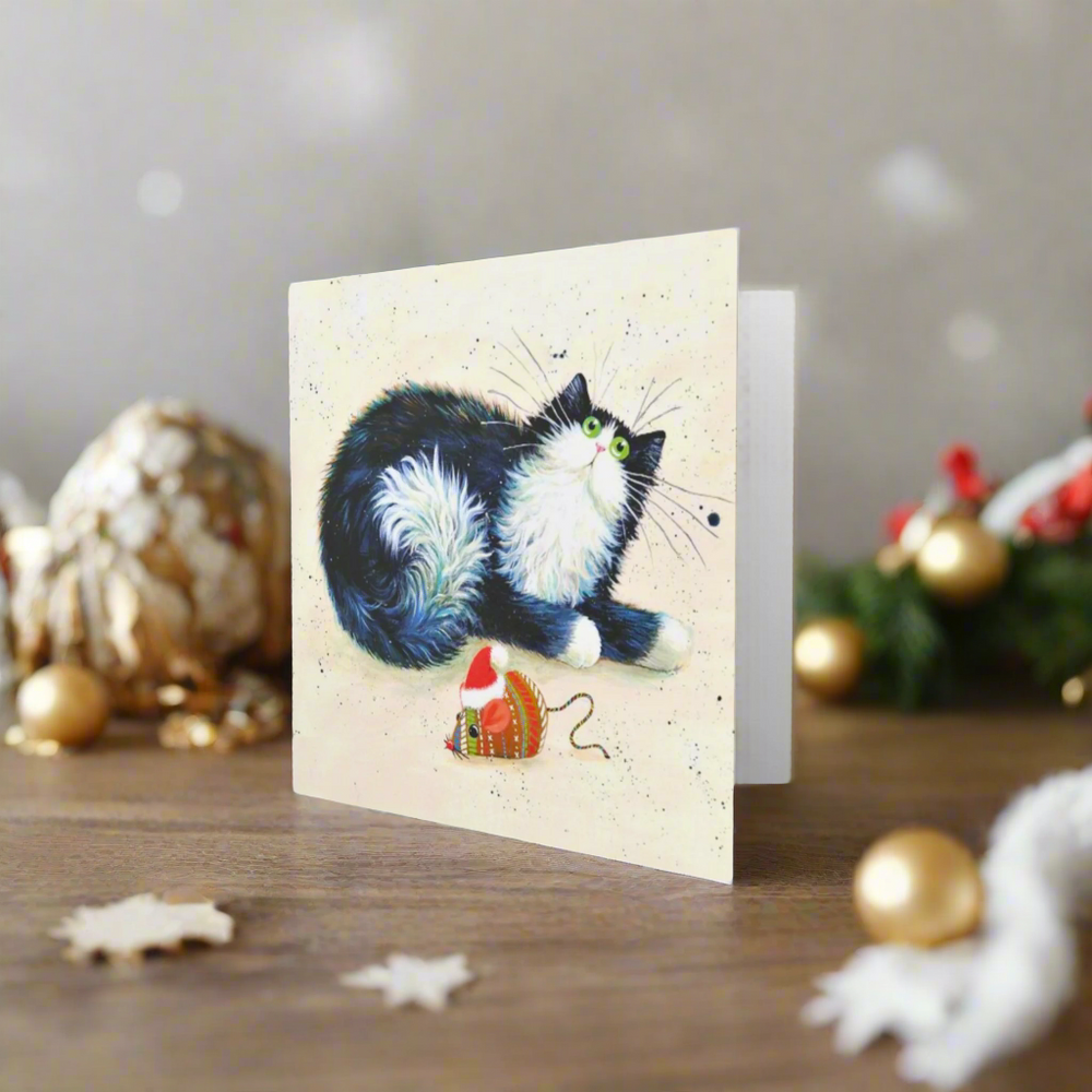 'Merry Christmouse' Black & White Cat Greeting Christmas Card by Kim Haskins