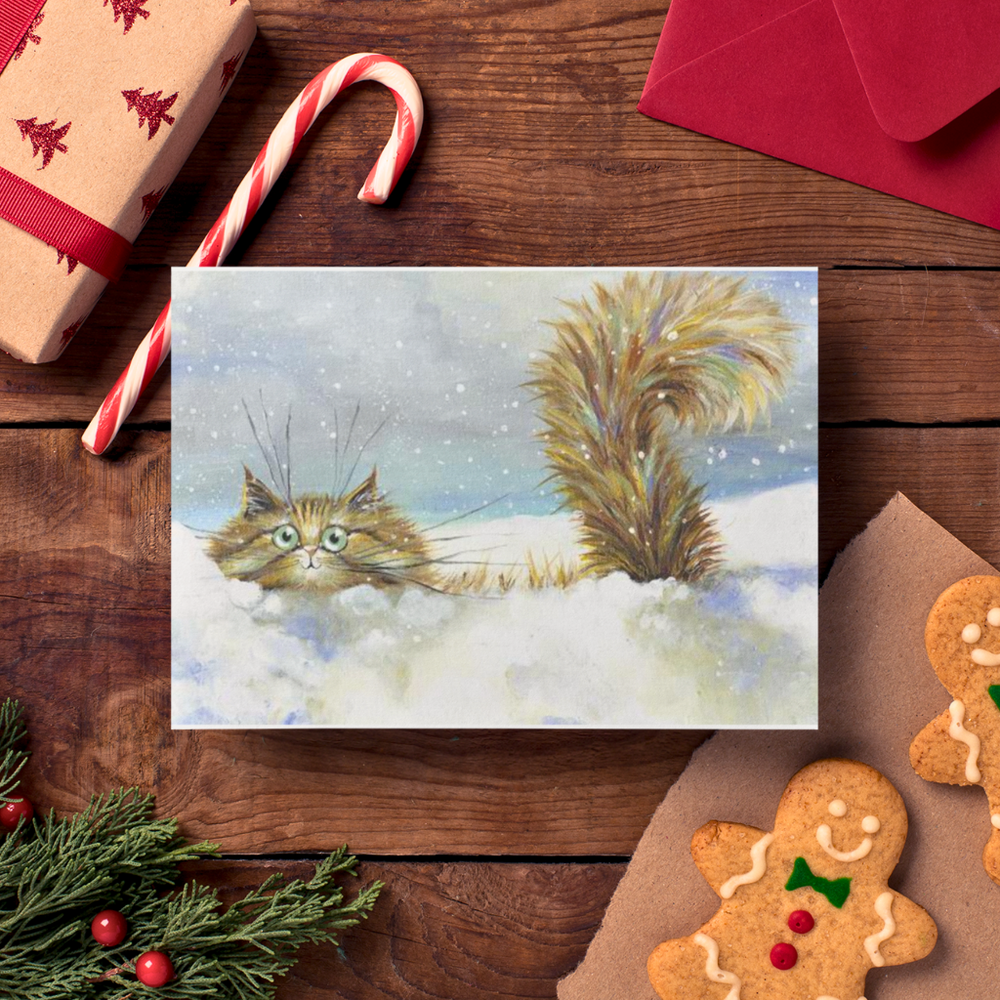 'In a Flurry' Cat Greeting Christmas Card by Kim Haskins