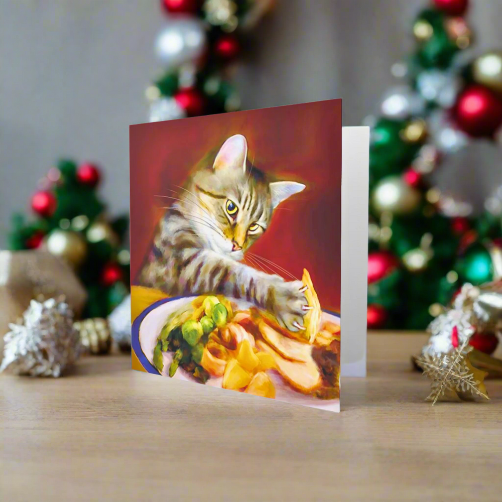 'Takeaway Turkey' Christmas Cat Greeting Card