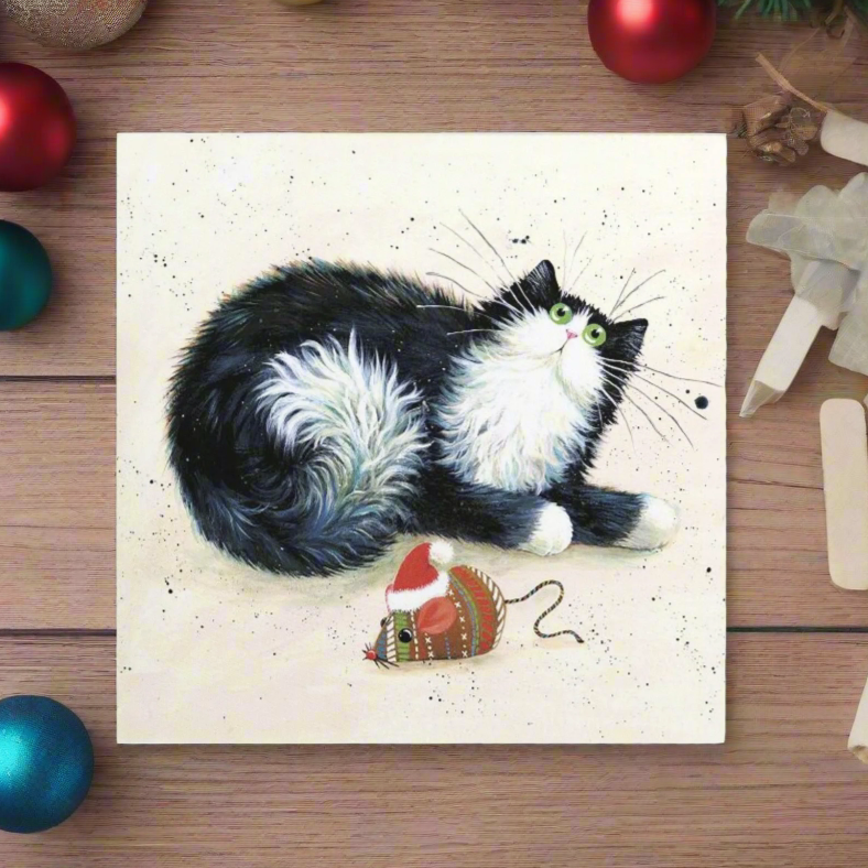 'Merry Christmouse' Black & White Cat Greeting Christmas Card by Kim Haskins