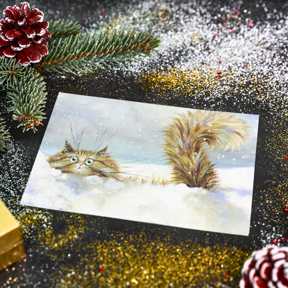 'In a Flurry' Cat Greeting Christmas Card by Kim Haskins