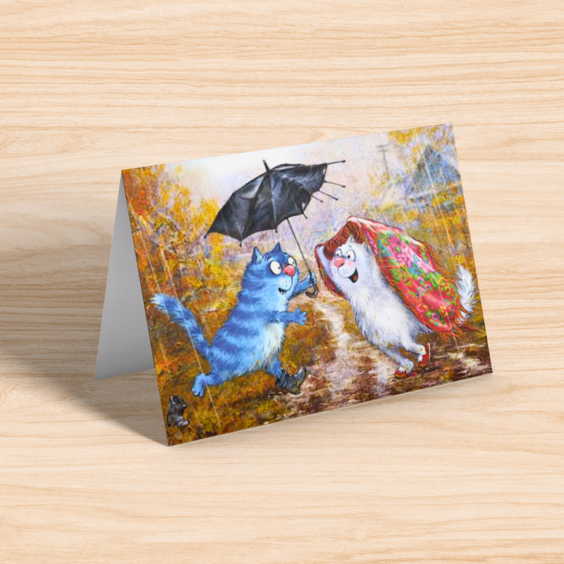 'Old Umbrella' Funny Cat Greeting Card by Rina Zeniuk