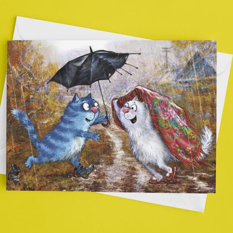 'Old Umbrella' Funny Cat Greeting Card by Rina Zeniuk