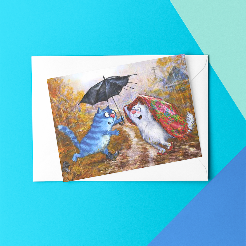 'Old Umbrella' Funny Cat Greeting Card by Rina Zeniuk